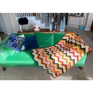 vintage 70s Orange Brown CHEVRON Zig Zag KNIT AFGHAN handmade blanket home decor